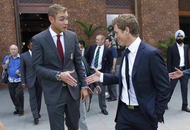 Australia's captain George Bailey (R) and England's captain Stuart Broad shake hands as they arrive for an official World Twenty 20 captains
