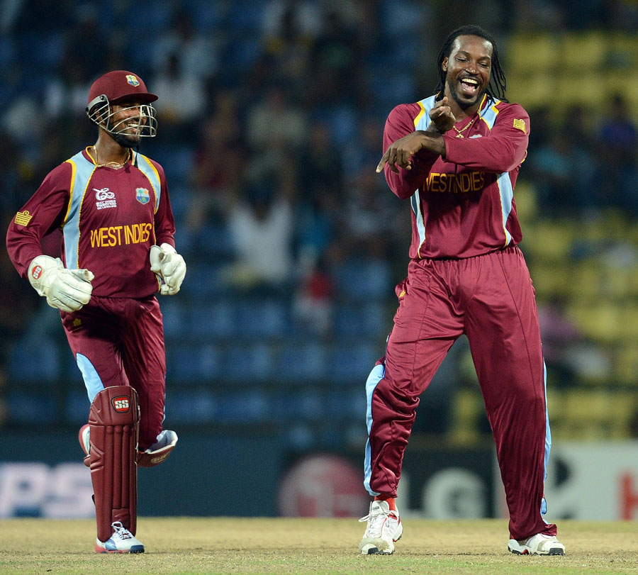 Chris Gayle's celebratory dance having caught Luke Wright at slip