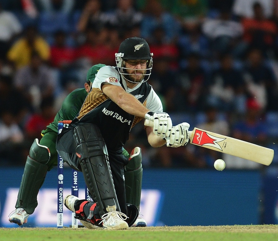 Daniel Vettori plays a shot as Pakistan wicket keeper Kamran Akmal