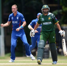 England captain Stuart Broad celebrates dismissing Shahid Afridi of Pakistan during the ICC T20 World Cup Warm Up Match