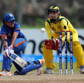 Harmanpreet Kaur plays a sweep, Australia v India, Women's World T20 2012