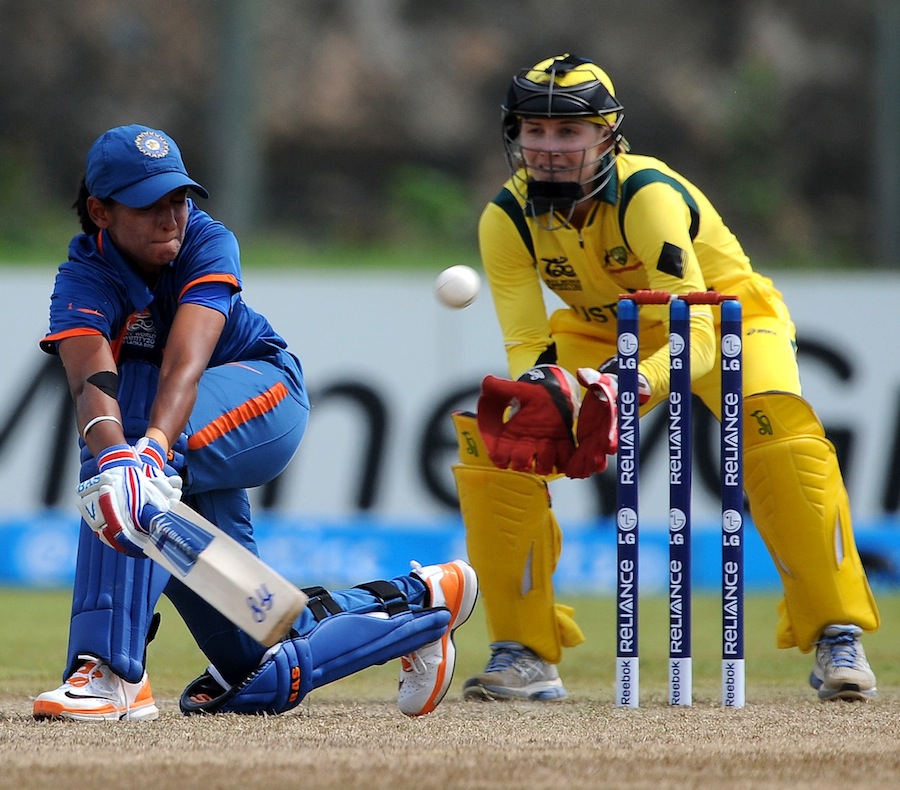 Harmanpreet Kaur plays a sweep, Australia v India, Women's World T20 2012