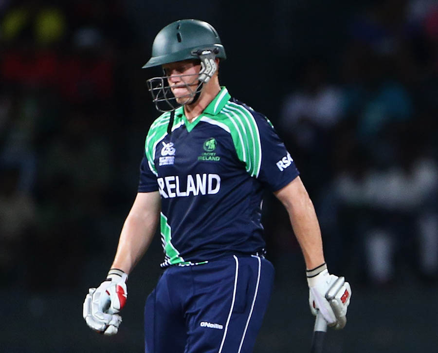 Ravi Rampaul of the West Indies celebrates bowling Kevin O'Brien of Ireland