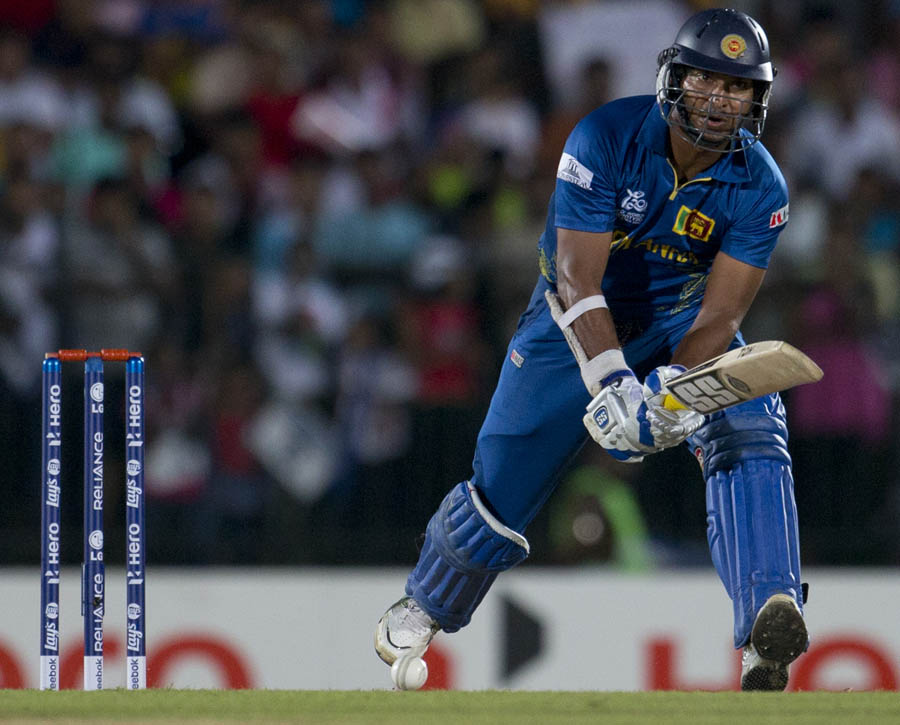 Sri Lanka's batsman Kumar Sangakkara looks for runs during a ICC Twenty20 Cricket World Cup