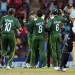 Pakistan cricketers celebrate the run out of New Zealand batsman Kane Williamson