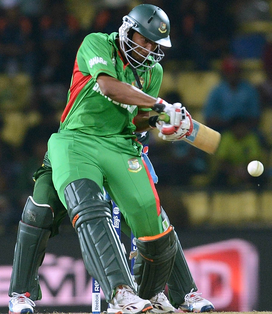 Shakib Al Hasan plays a shot during the ICC Twenty20 Cricket World Cup match