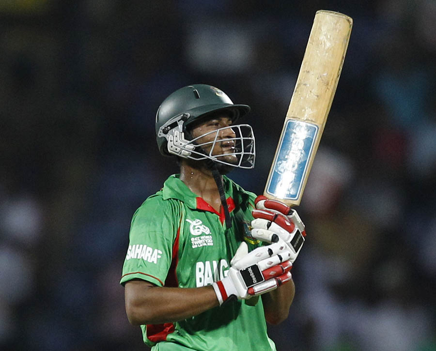 Shakib Al Hasan reacts after scoring a half century during the ICC Twenty20