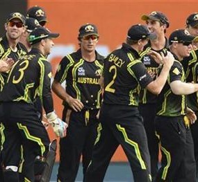Australia's Watson is congratulated by teammates after dismissing Ireland's Porterfield during the World Twenty20 group B match at the R. Premadasa Stadium, Colombo