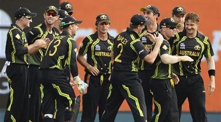 Australia's Watson is congratulated by teammates after dismissing Ireland's Porterfield during the World Twenty20 group B match at the R. Premadasa Stadium, Colombo