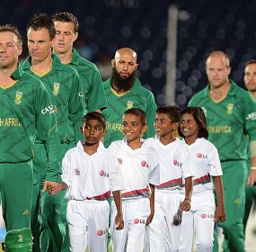 South Africa make their way out for the national anthems, South Africa v Zimbabwe, World T20 2012 South Africa make their way out for the national anthems, South Africa v Zimbabwe, World T20 2012
