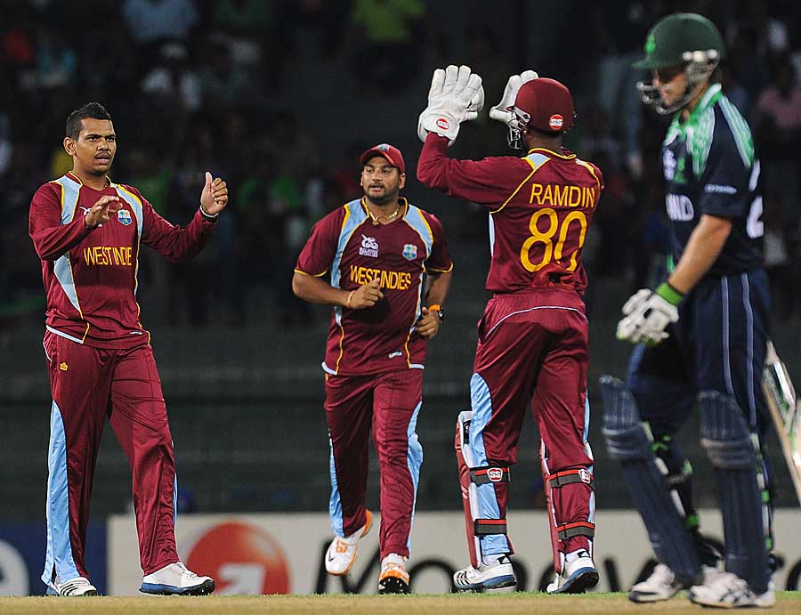 Sunil Narine celebrates the fall of Ed Joyce, Ireland v West Indies