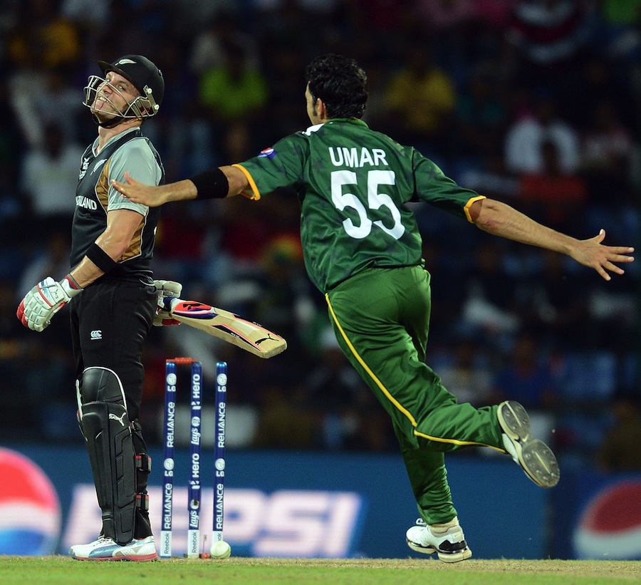 Umar Gul (R) celebrates the wicket of New Zealand batsman Brendon McCullum