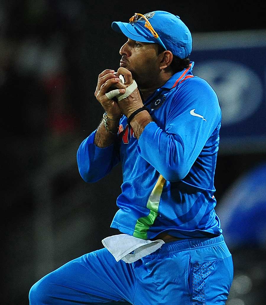 Yuvraj Singh takes a comfortable catch at mid-on, Afghanistan v India