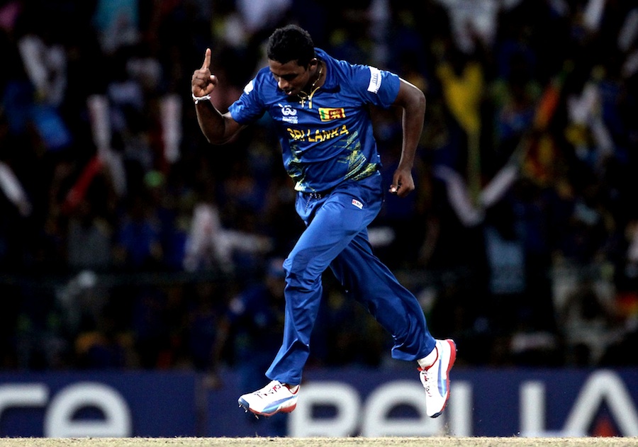 Ajantha Mendis of Sri Lanka celebrates after trapping Chris Gayle of West Indies LBW