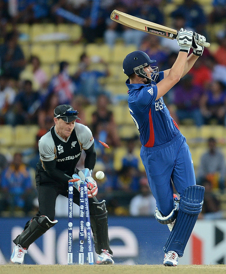 Alex Hales is bowled after giving Nathan McCullum the charge.