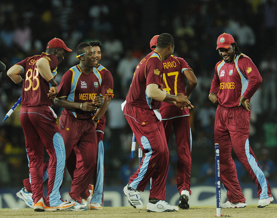 Chris Gayle and his team-mates enjoy the win over Australia, Australia v West Indies, 2nd semi-final