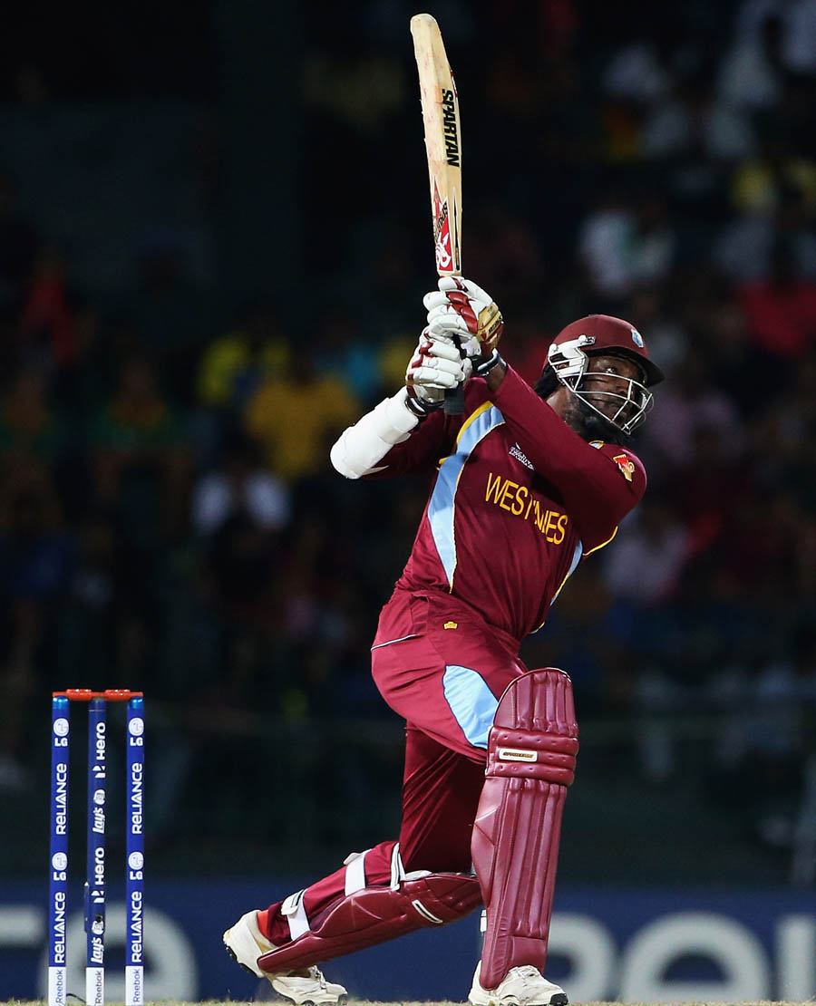 Chris Gayle of the West Indies hits a six during the ICC World Twenty20 2012 Semi Final