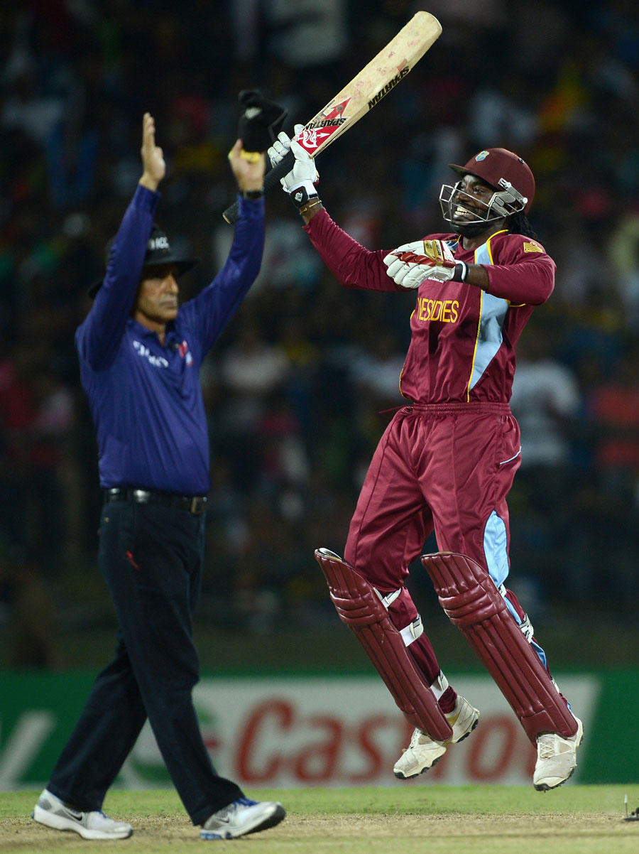 Chris Gayle sets off in celebration as West Indies win the Super Over