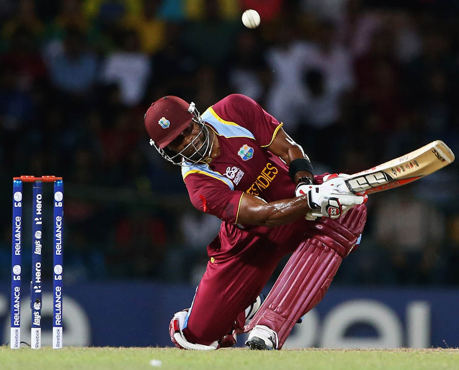 Kieron Pollard of the West Indies hits a four during the ICC World Twenty20 2012 Semi Final