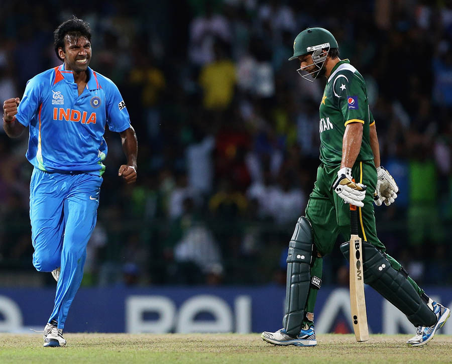 Lakshmipathy Balaji of India celebrates the wicket of Shahid Afridi of Pakistan