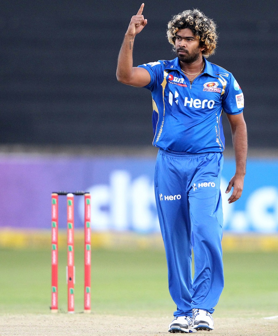 Lasith Malinga of the Mumbai Indians celebrates Sydney Sixers' Michael Lumb's wicket 