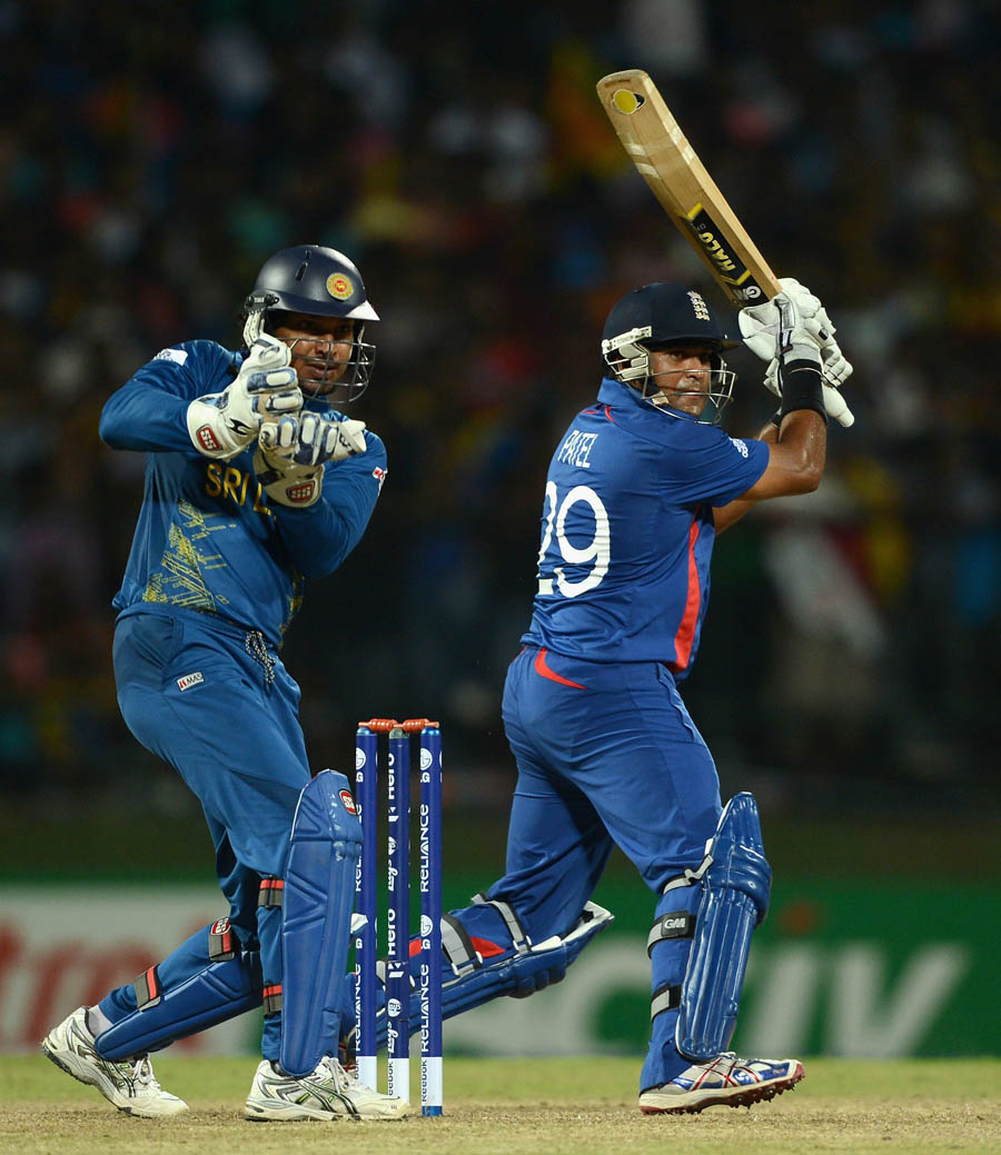 Samit Patel of England bats watched by Sri Lanka wicketkeeper Kumar Sangakkara