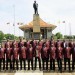 The West Indies Cricket Team pose for a photograph with the ICC World T20 Trophy at Independence Square