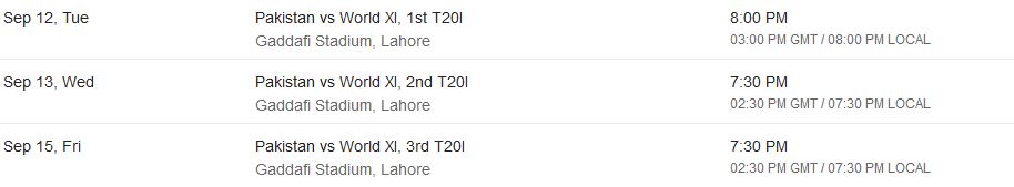 Pakistan vs World XI Matches Schedule 2017-18