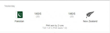 Pakistan v New Zealand match result