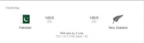 Pakistan v New Zealand match result Pakistan v New Zealand match result