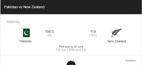 Pak v NZ Match Result